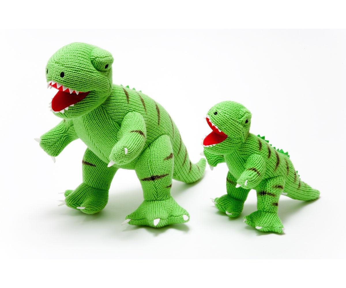 large dinosaur toy, knitted green T Rex