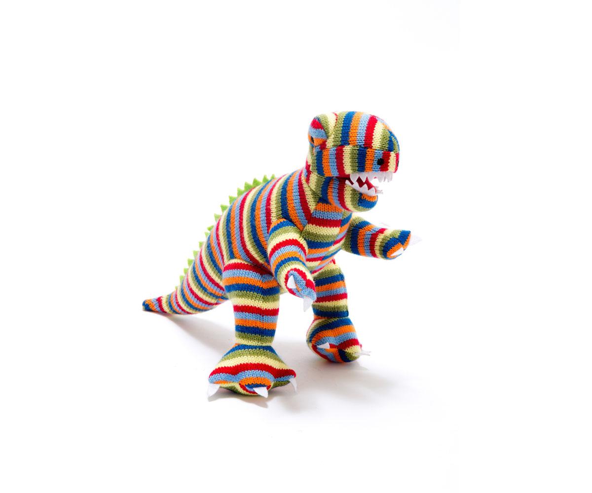 bright stripe knitted t rex dinosaur toy with white soft jagged teeth