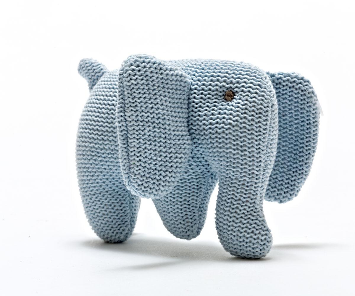 Knitted Organic Cotton Blue Elephant Toy with floppy ears and long trunk