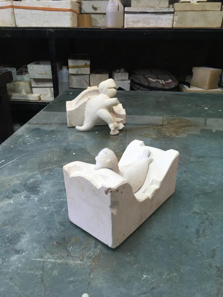 Moulds for the dinosaur and pigeon