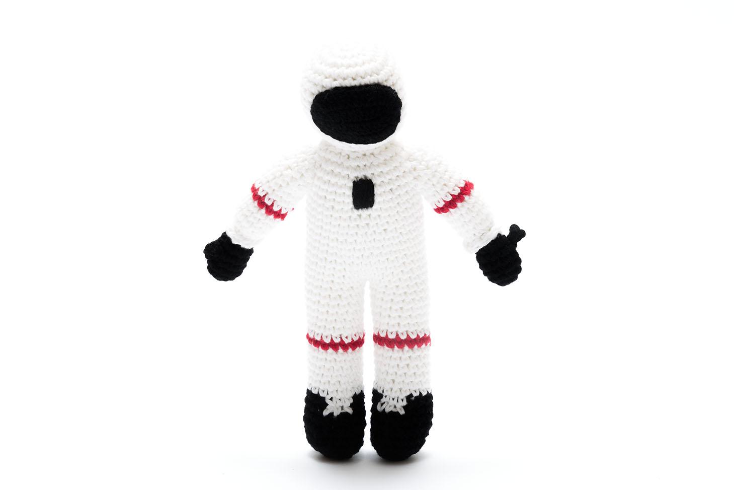 handade cotton crochet white astronaut baby toy with rattle