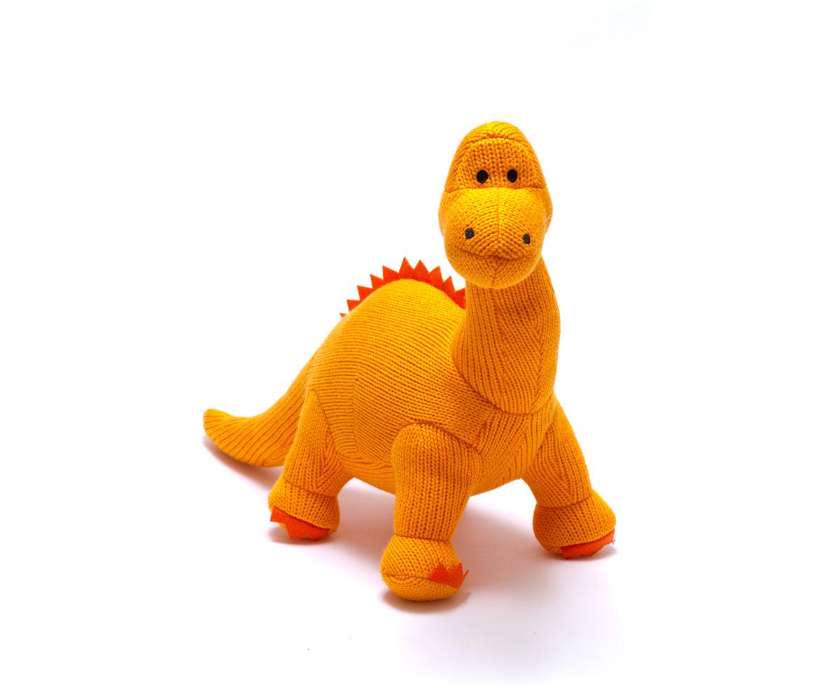 large dinosaur toy, knitted orange diplodocus