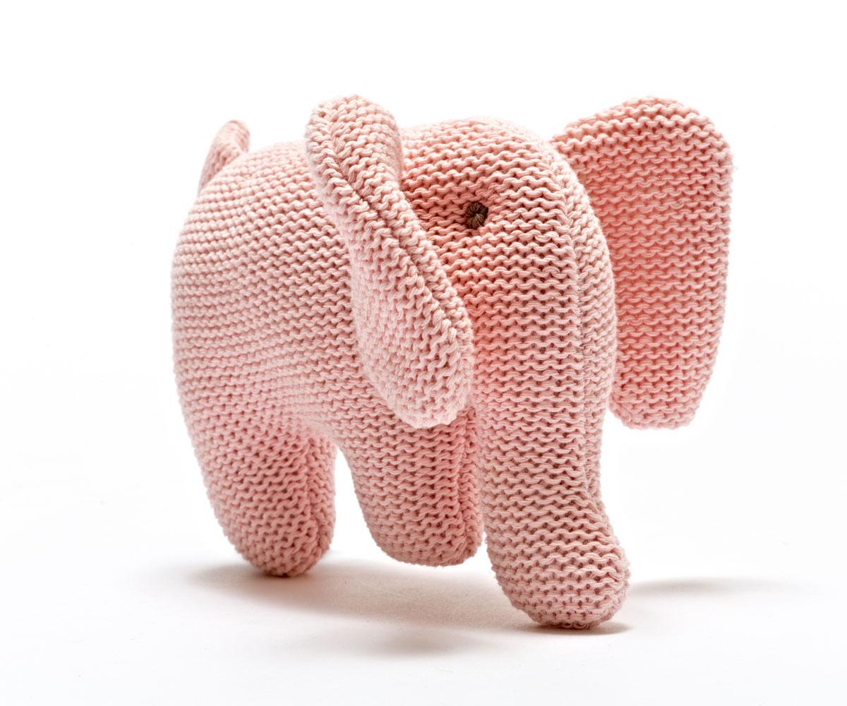 Knitted Pink Elephant Baby Rattle with big floppy ears and long trunk