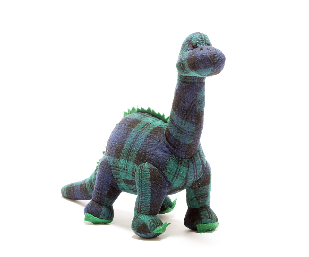 Knitted diplodocus dinosaur toy in blue tartan, dinosaur teddy