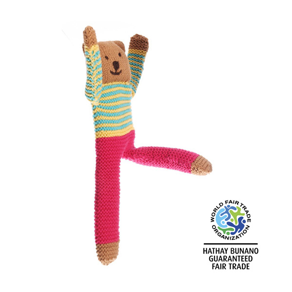 Traditional crochet teddy bear soft toy with pink trousers and stripe jumper with long limbs