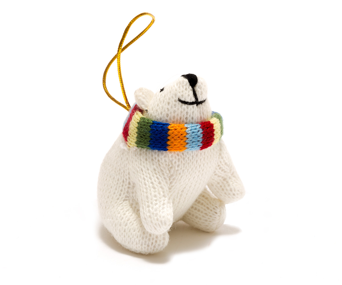 Knitted Polar Bear Christmas tree hanging decoration. Xmas dec