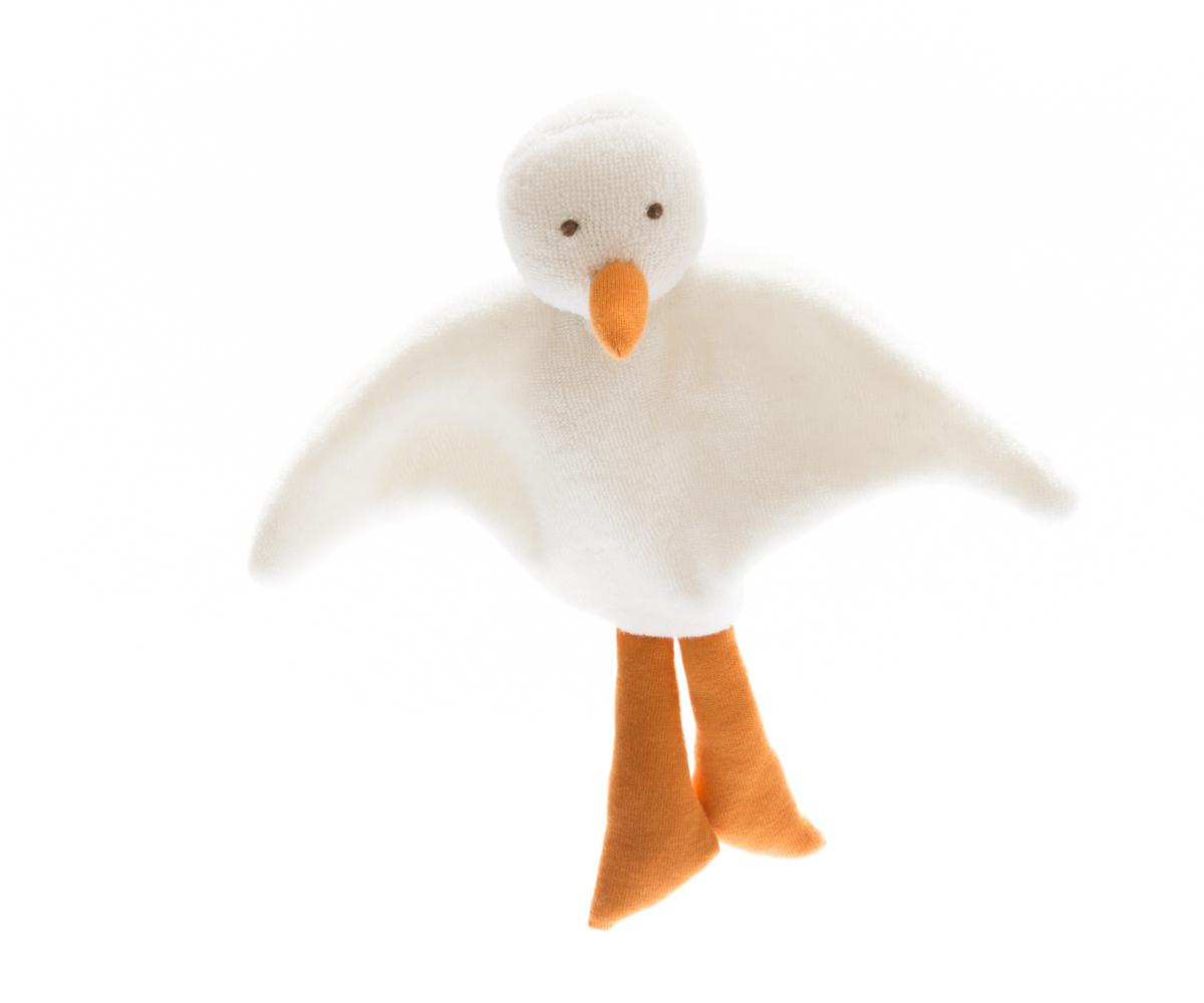 Flat white seagull baby toy in soft cotton with long orange legs and orange beak