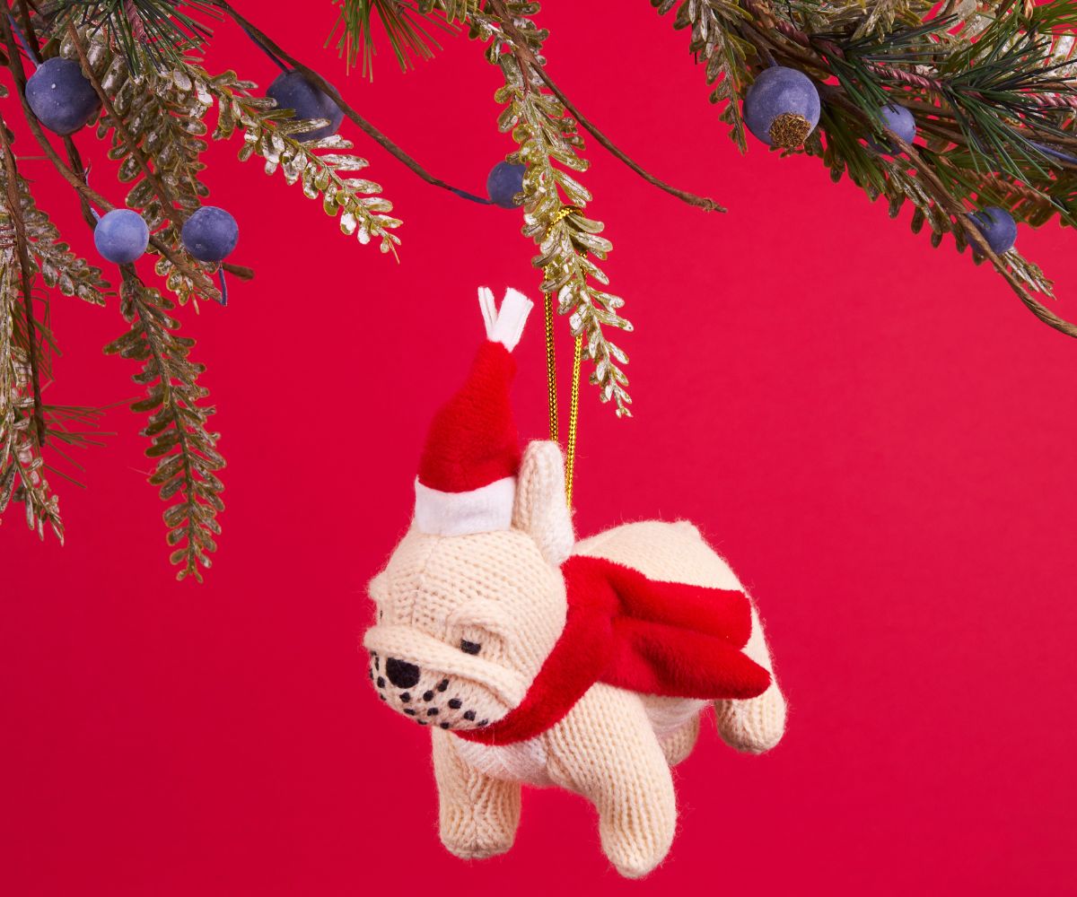Knitted Xmas decoration French bulldog unusual Christmas tree bauble