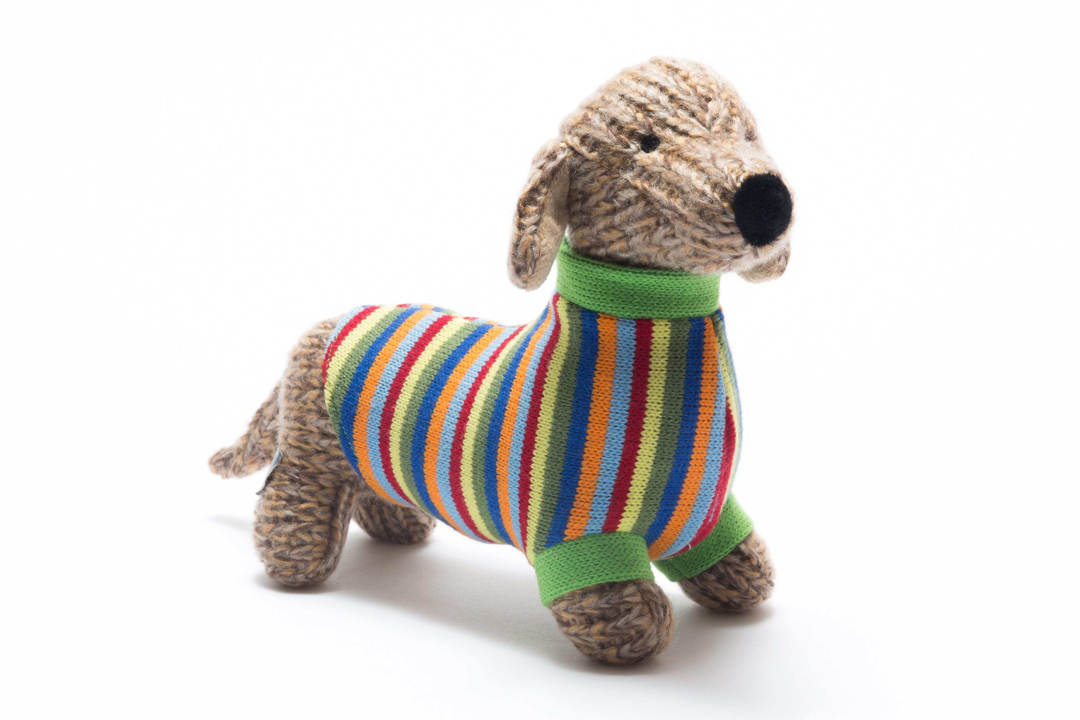 Gifts Under £20 Knitted Sausage Dog Toy with Stripe Jumper