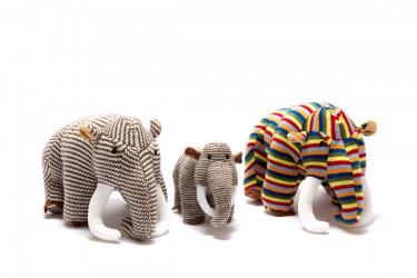 Knitted multi stripe woolly mammoth dinosaur soft toy