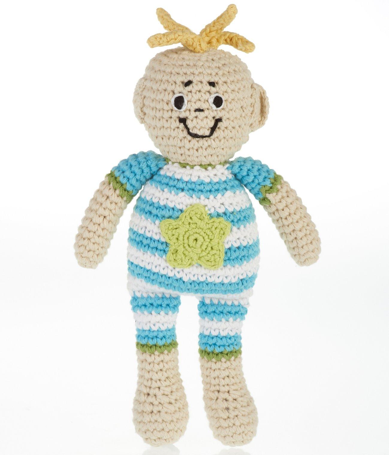 Fair Trade Cotton Crochet Baby Boy Soft Doll Rattle Turquoise