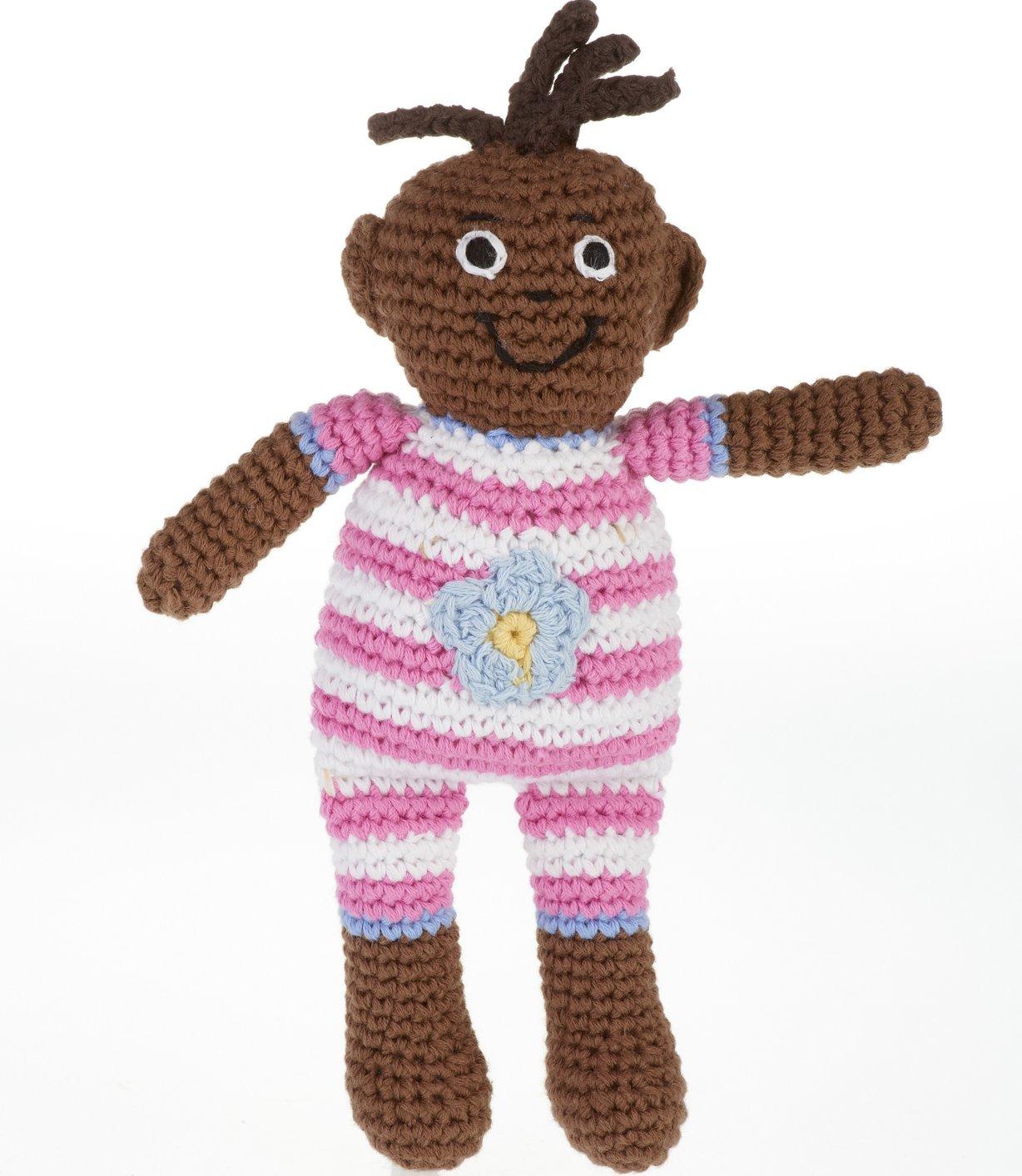 fair trade crochet cotton baby doll rattle pink