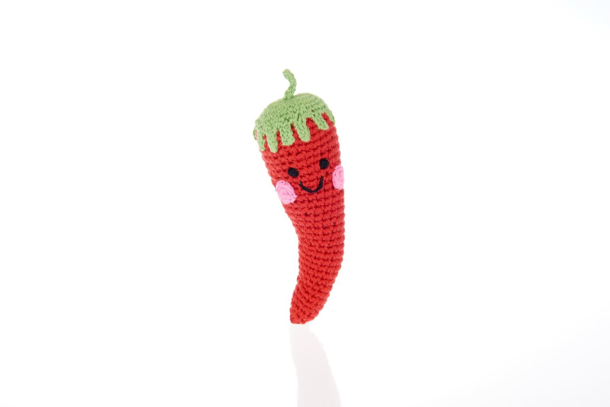 Crochet cotton red chilli pepper baby soft toy with smiley face