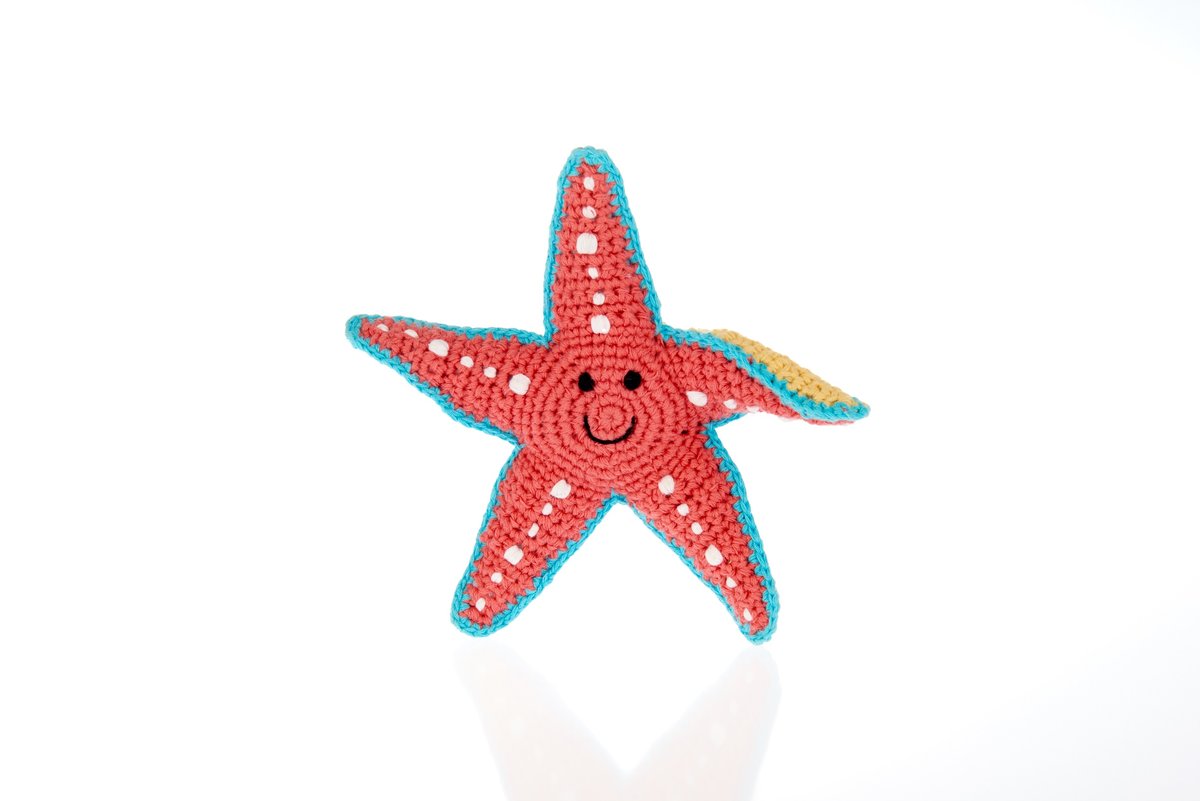 Starfish rattle combines tactile crochet, gentle rattle and bright contrasting colours