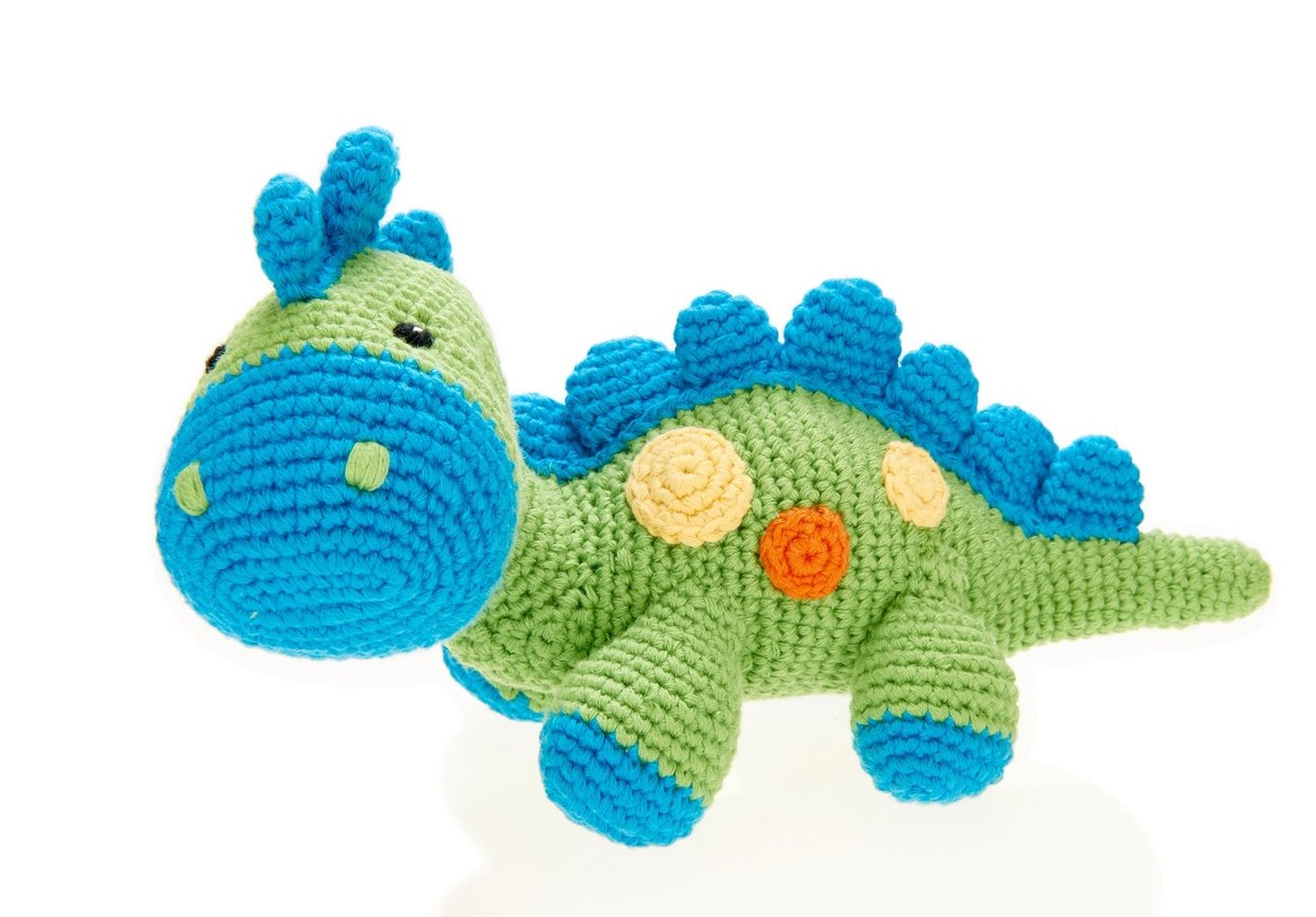 Cotton Dinosaur Baby Rattle soft blue with green body and blue spines, feet and mouth. Body covered with colourful spots