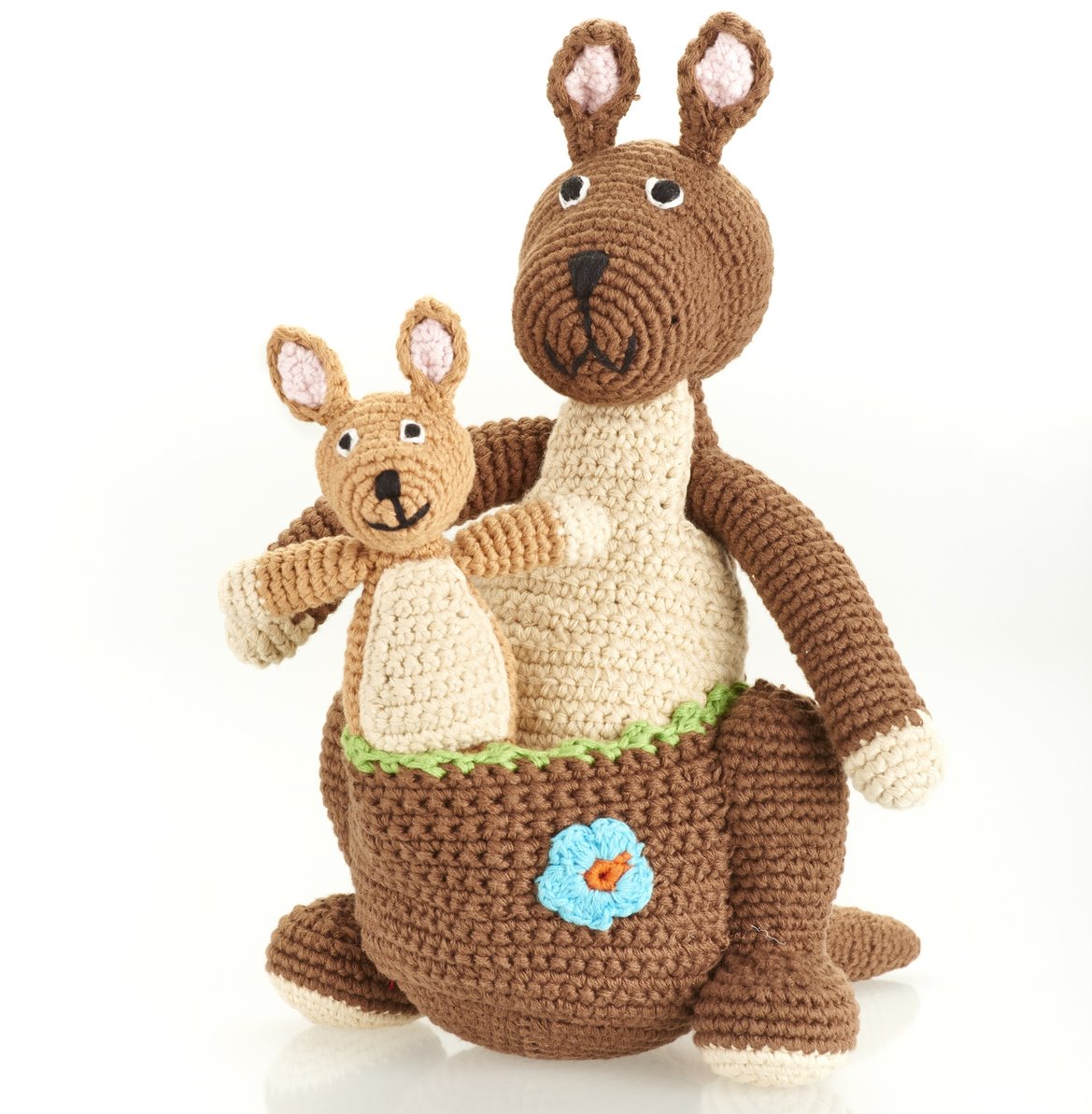 Large brown crochet kangaroo soft toy with cute joey in its pouch