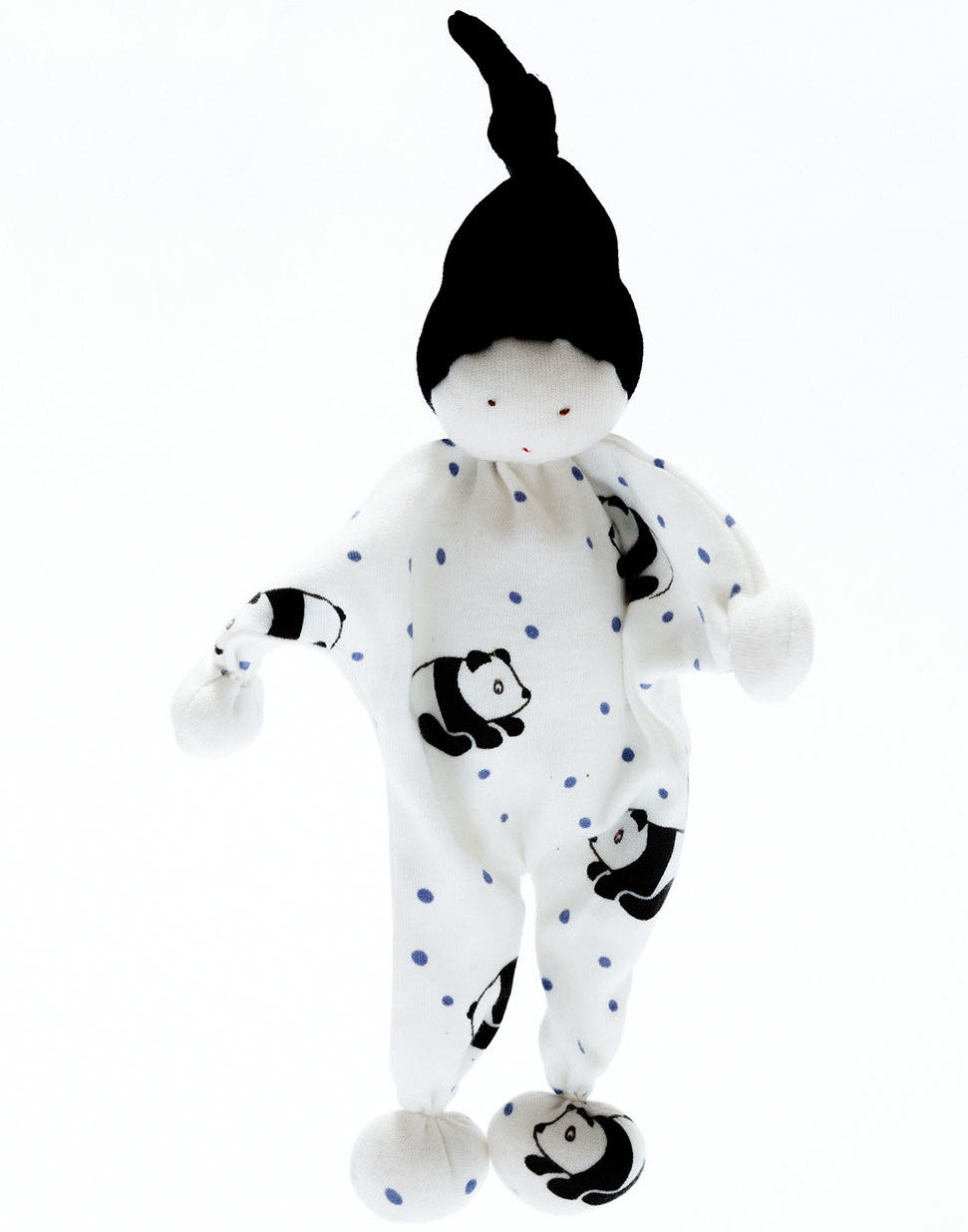 White cotton baby comforter baby toy with black panda print design and black pointy hat