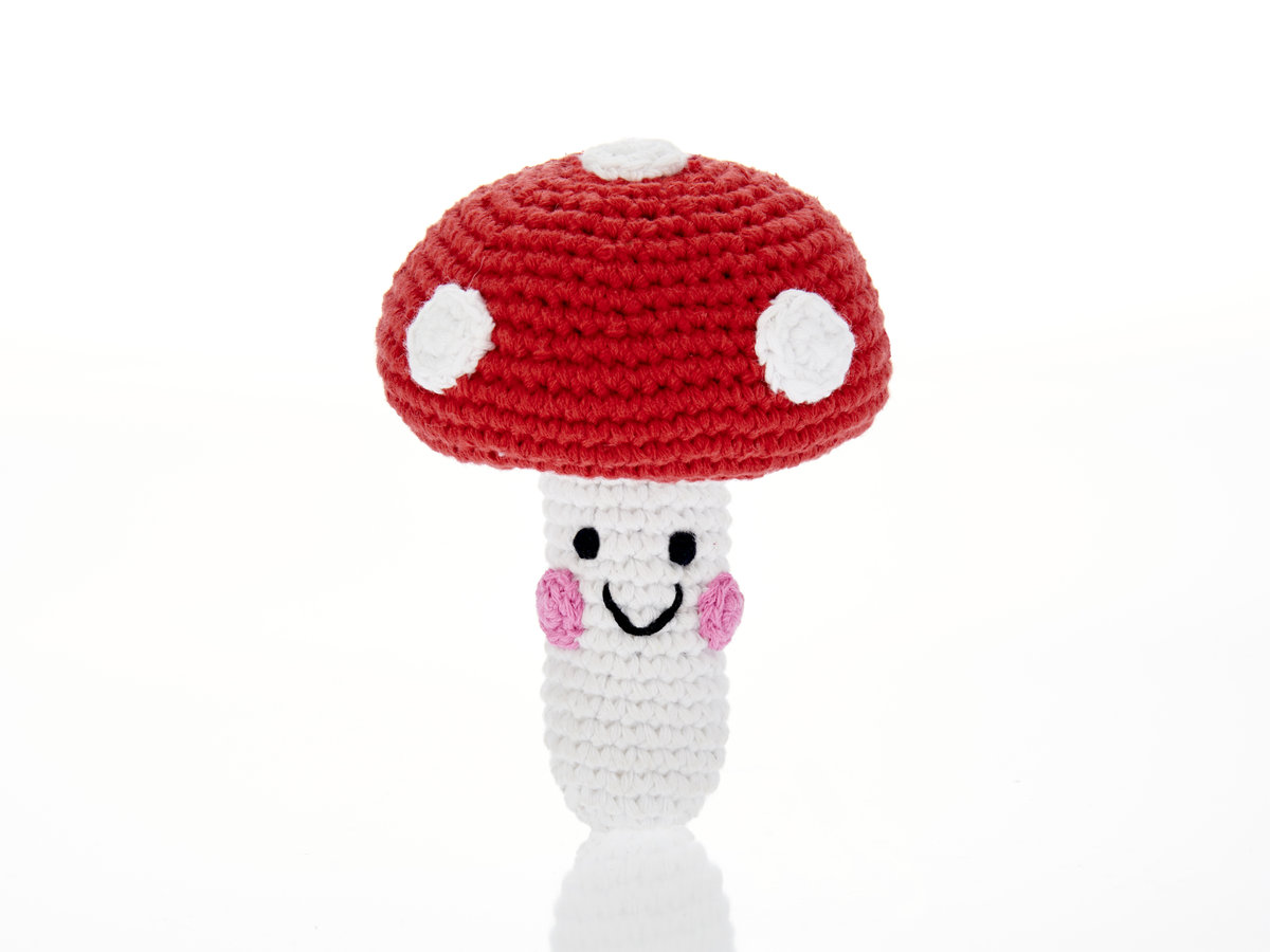 Crochet Red Toadstool Baby Toy with White Dots & Smiley Face on Stem