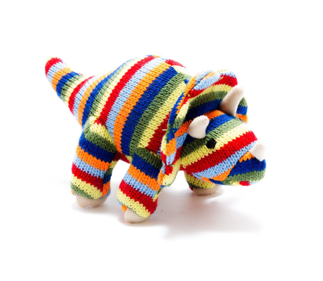 Knitted stripe triceratops dinosaur baby rattle
