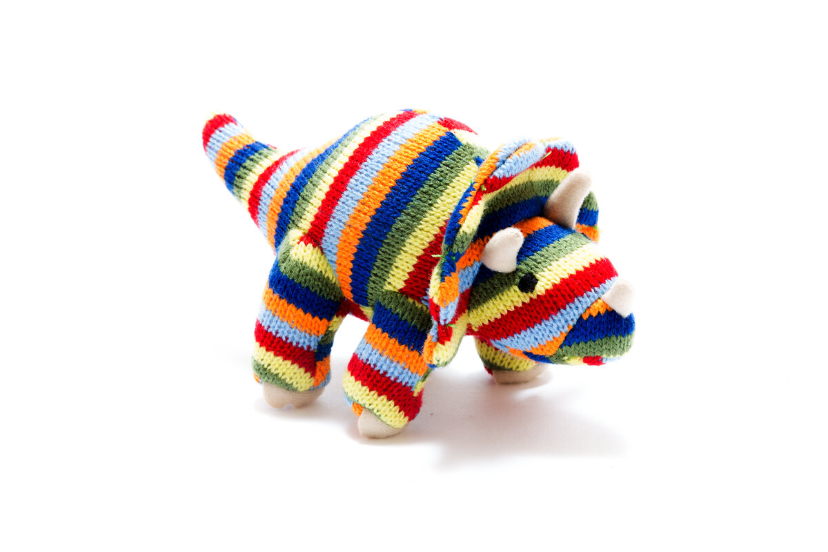 Knitted stripe triceratops dinosaur baby rattle