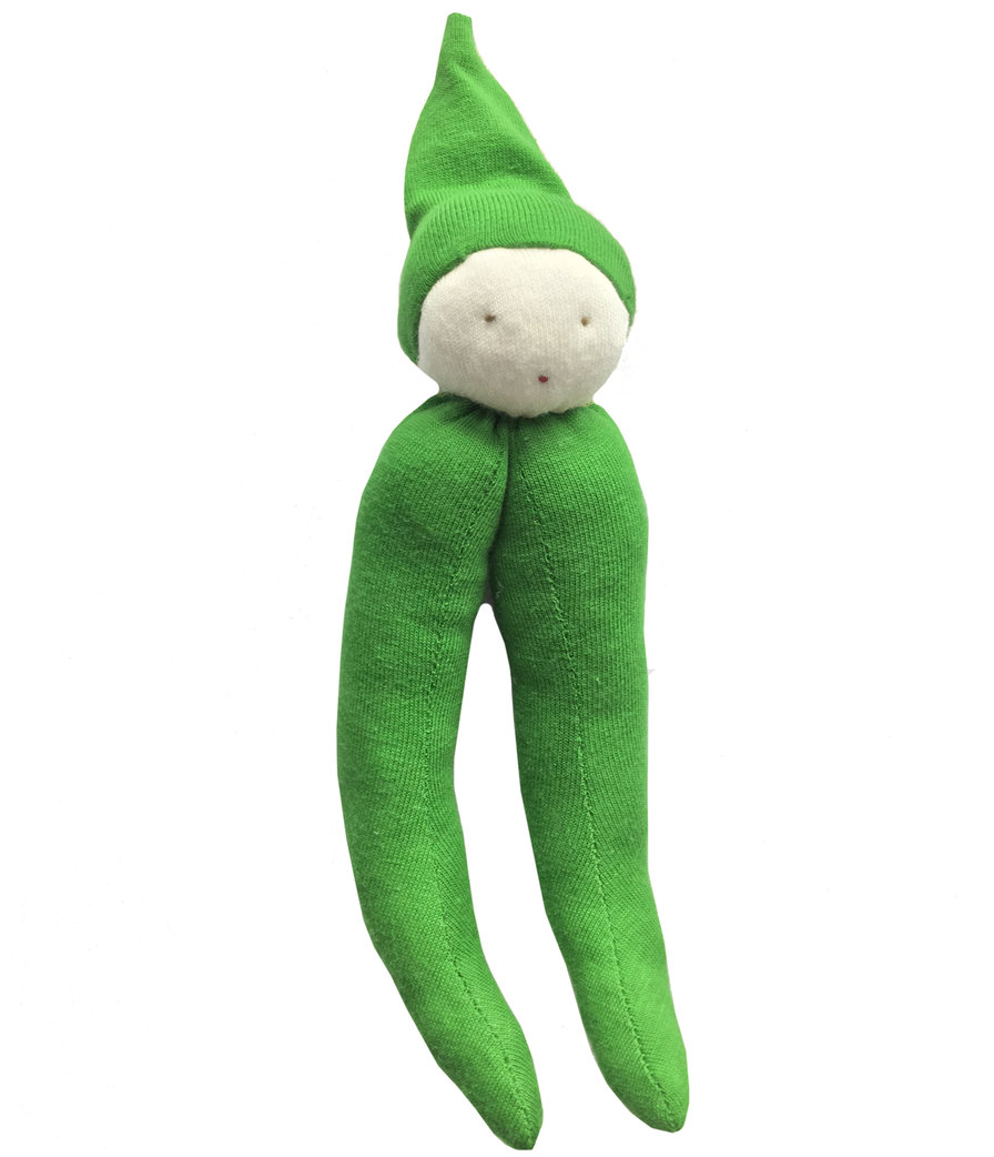 Runner bean baby toy in green with smiley face and pointy green hat