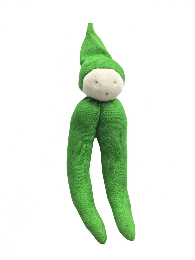 Runner bean baby toy in green with smiley face and pointy green hat